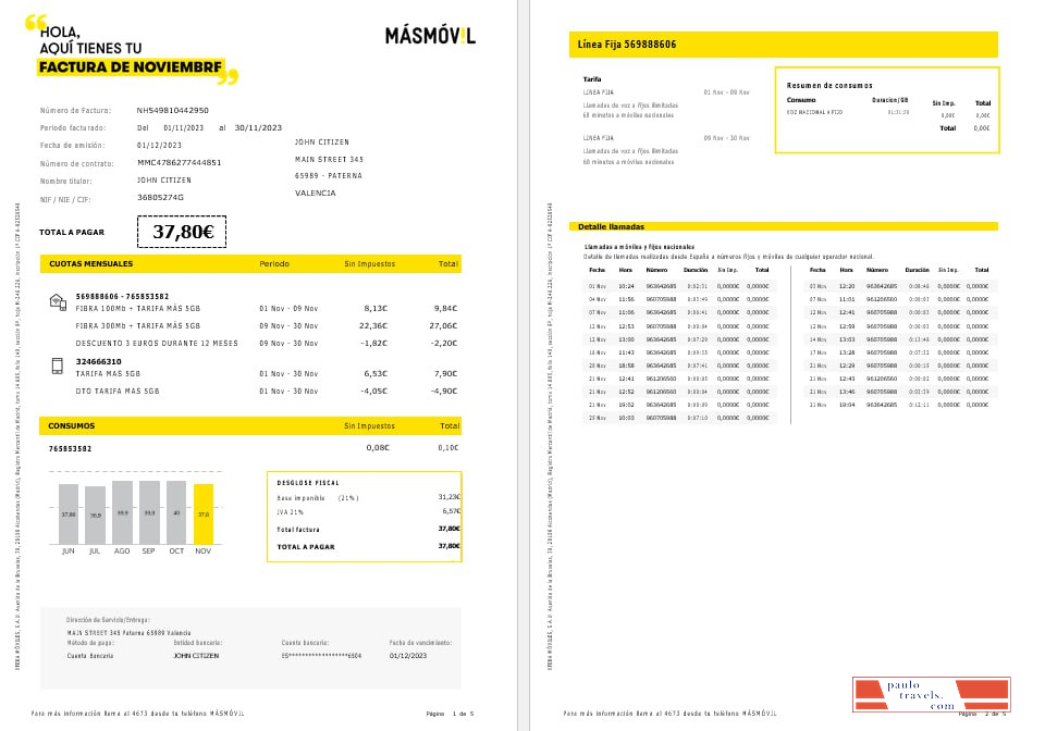 Spain Masmovil internet and mobile utility  bill Word and PDF formats, 5 pages